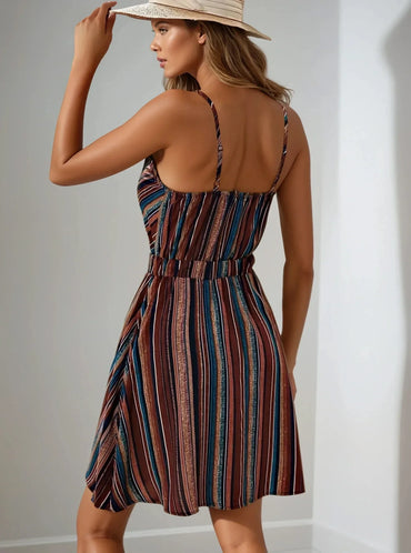 Femme portant une robe à rayures fines, bretelles fines, chapeau, mode 974 Réunion