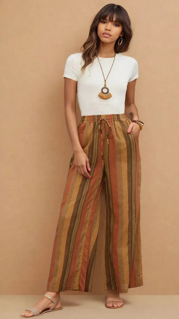 Femme portant un pantalon ample rayé marron tendance, mode 974 Réunion, look décontracté
