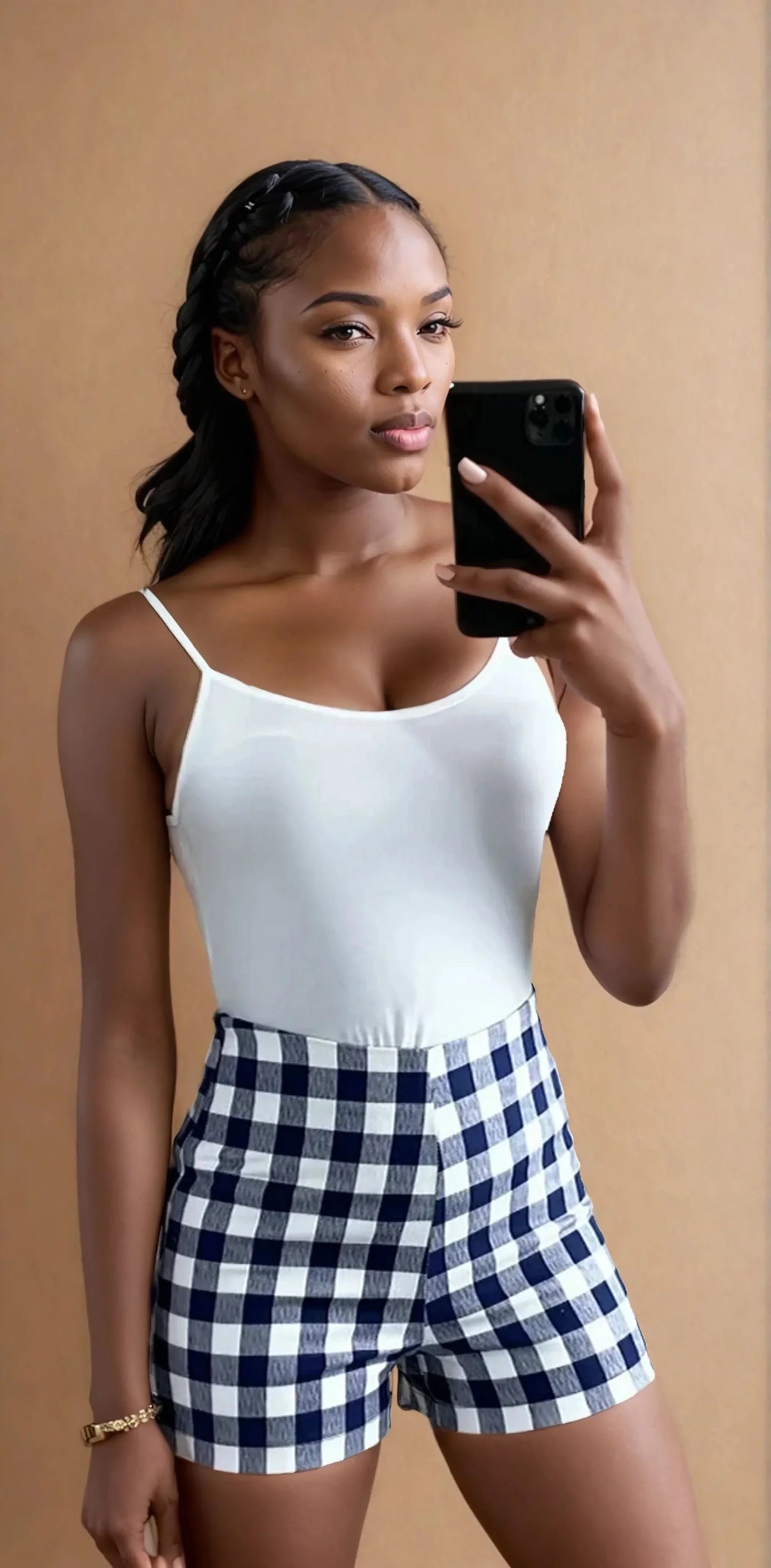 Femme portant un short à carreaux bleu taille haute, mode été 974 Réunion