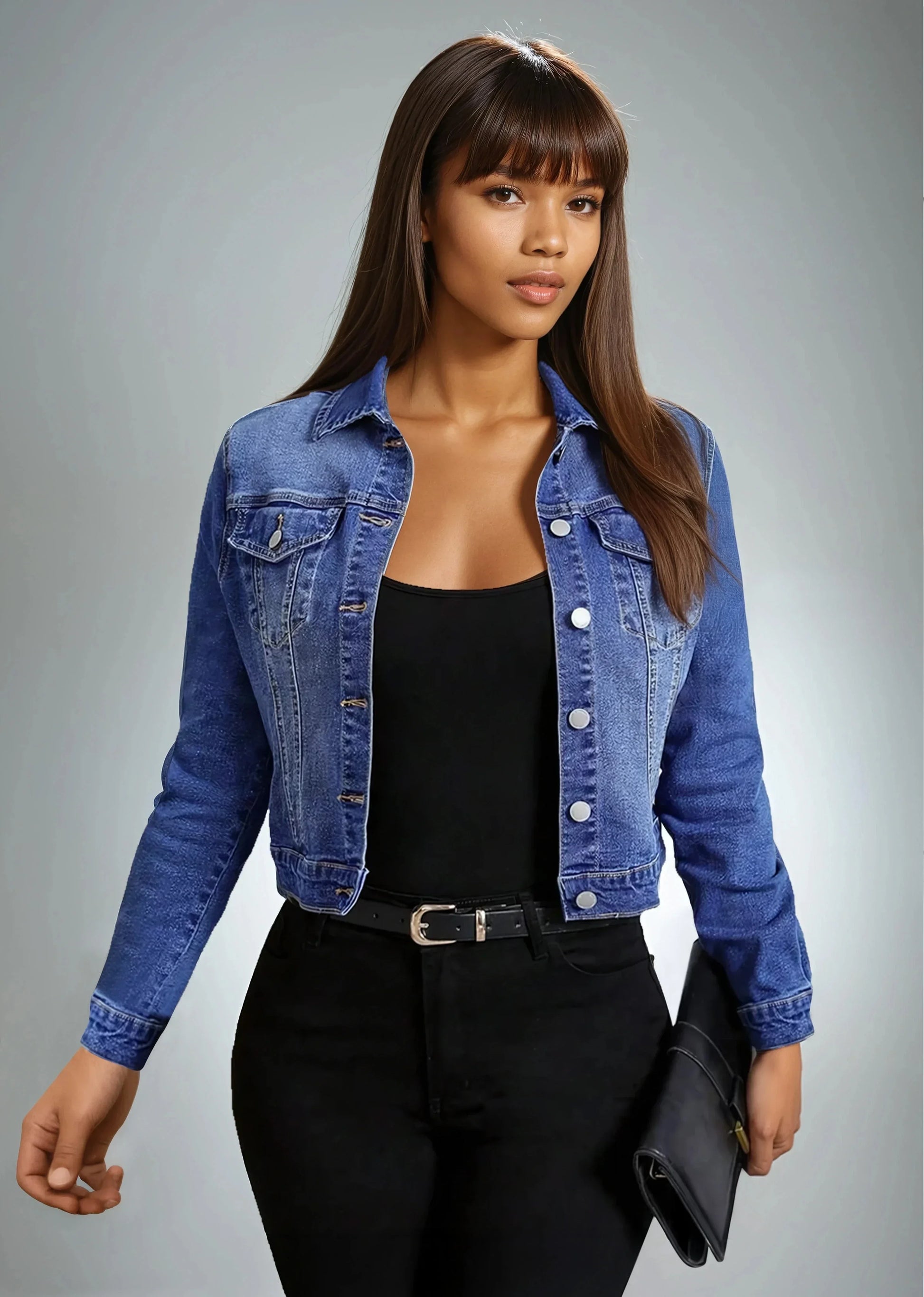 Femme vêtue d'une veste en jean et pantalon noir, look tendance 974 Réunion.