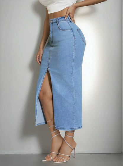 Jupe longue en jean fendue femme, tendance mode été 974 Réunion.